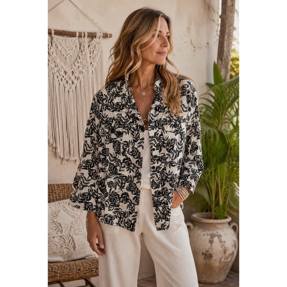 Napa Valley Jackets & Blazers - Napa Valley Womens XL Tropical Leaf Boho Jacket Black White Botanical Shacket